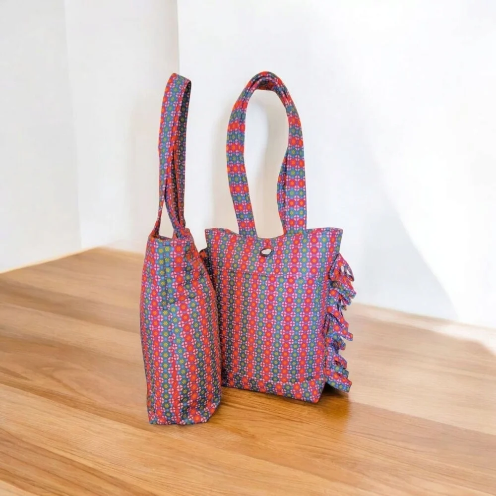 Red and Pink Geometric Tote Bag with Fringe